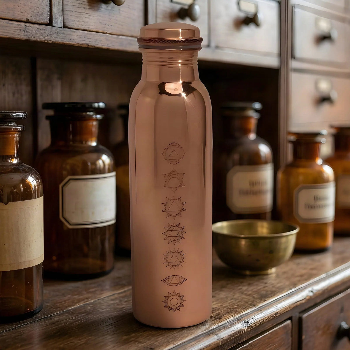 Polierte Kupfer-Trinkflasche 7 Chakren aus seitlichem Blickwinkel im Apothekerregal