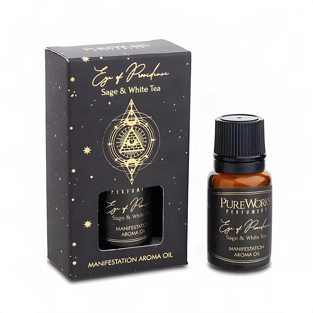 Aromaöl Eye of Providence (Salbei & weißer Tee), Fläschchen und Schachtel, freigestellt auf Weiß