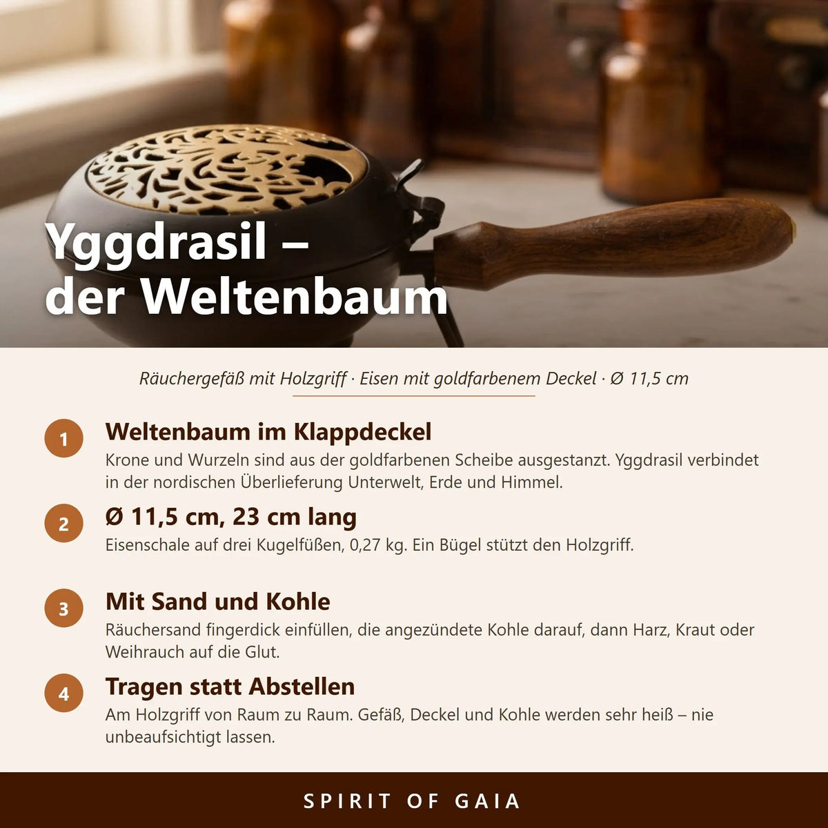 Infografik zum Weltenbaum-Motiv, den Maßen, der Anwendung mit Räuchersand und Kohle und zum Tragen am Holzgriff
