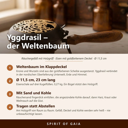 Infografik zum Weltenbaum-Motiv, den Maßen, der Anwendung mit Räuchersand und Kohle und zum Tragen am Holzgriff