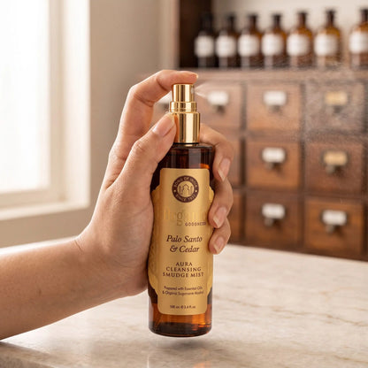 Hand sprüht einen feinen Nebel aus dem Aura Reinigungsspray Palo Santo und Zeder in den Raum