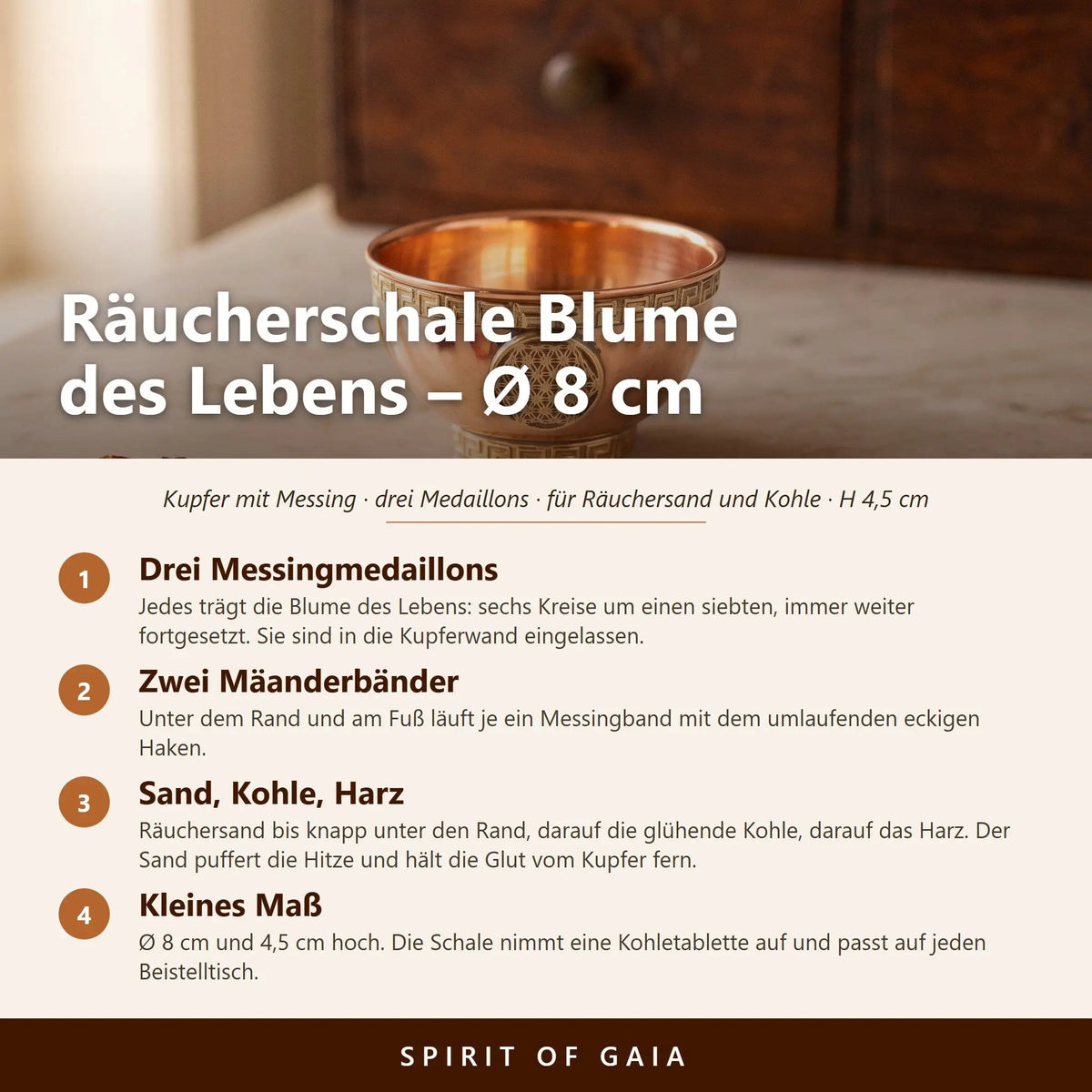Kupferne Räucherschale mit drei Messingmedaillons Blume des Lebens und Mäanderbändern – Infografik mit den wichtigsten Angaben