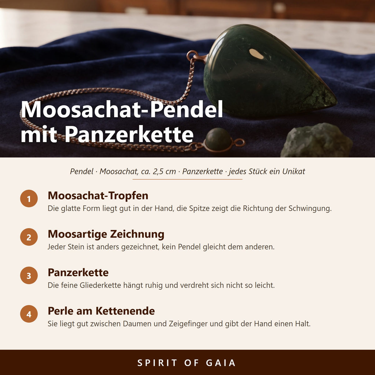 Übersicht zum Moosachat-Pendel mit Panzerkette: Moosachat-Tropfen, moosartige Zeichnung, Panzerkette, Perle am Kettenende