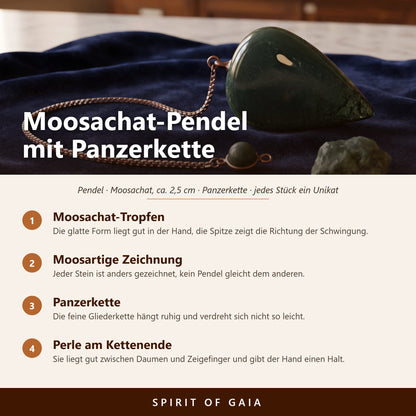 Übersicht zum Moosachat-Pendel mit Panzerkette: Moosachat-Tropfen, moosartige Zeichnung, Panzerkette, Perle am Kettenende