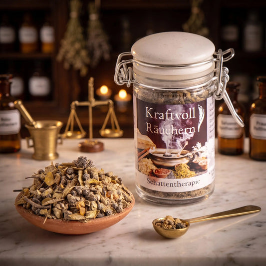 Schattentherapie, Räuchermischung der Reihe Kraftvoll Räuchern von Berk, 60 ml im Bügelglas: Glas auf der Marmortheke einer alten Apotheke am Abend, davor eine Terracottaschale mit der losen Mischung und ein Messinglöffel – Spirit of Gaia