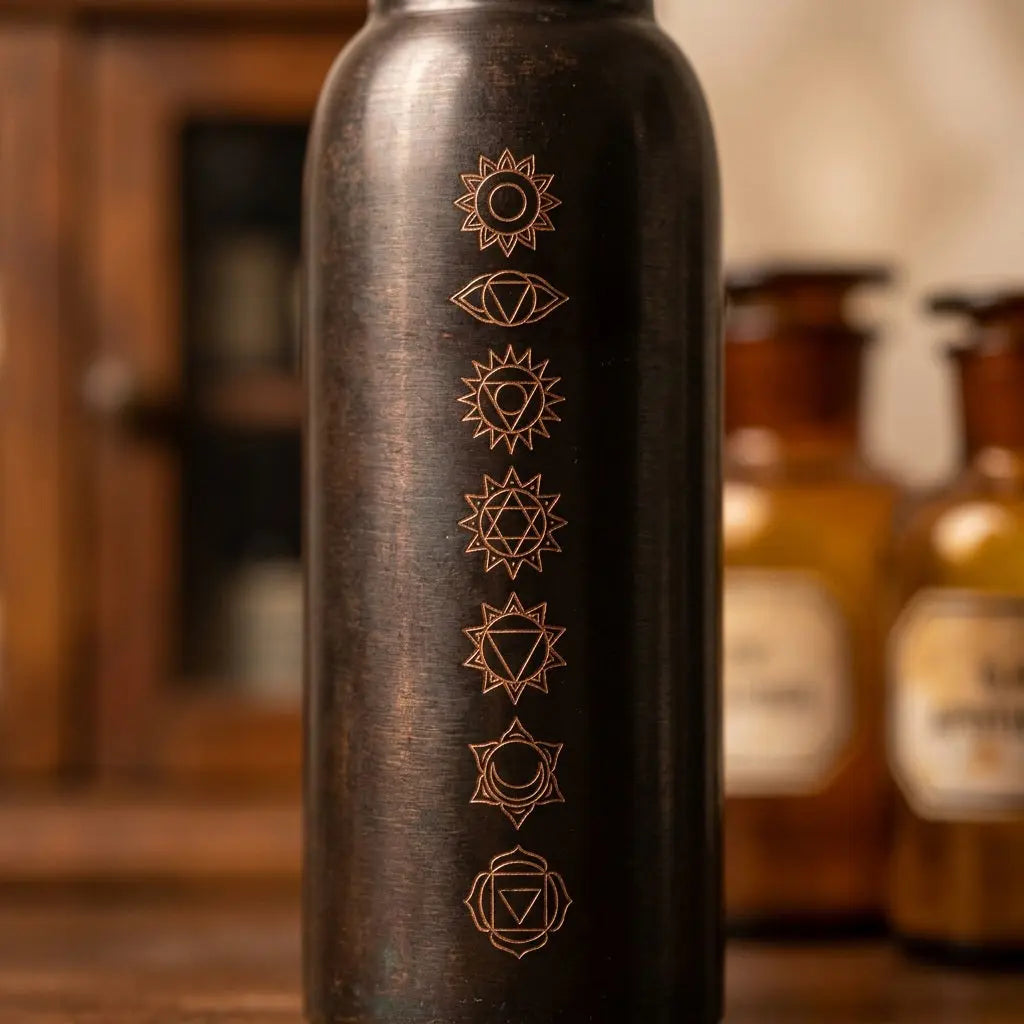Makro der sieben Chakren-Symbole auf der antiken Kupfer-Trinkflasche