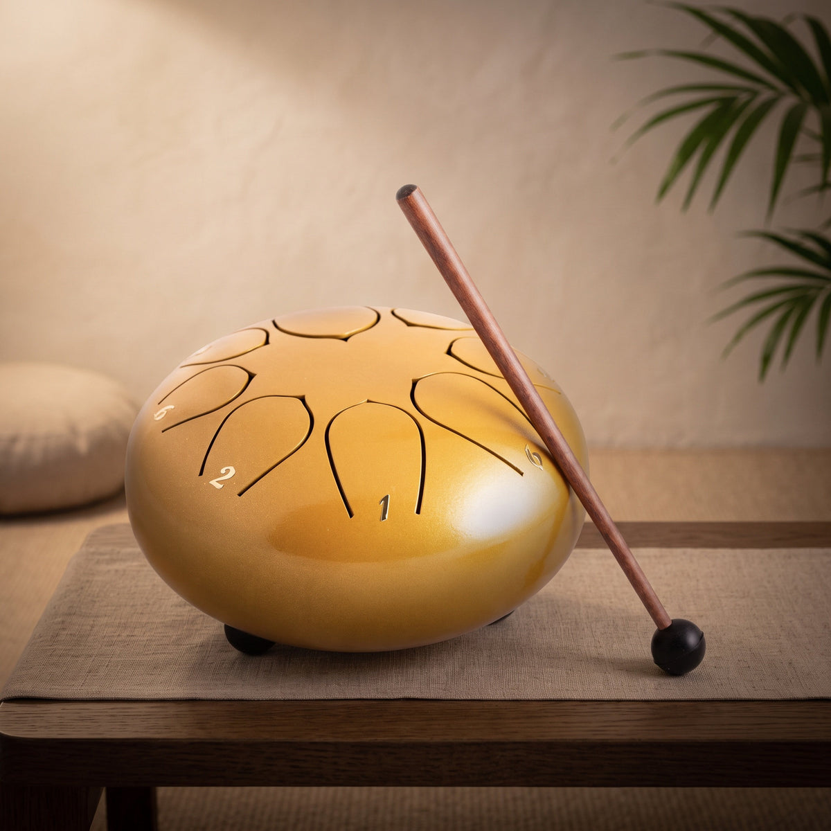 Mittlere goldene Steeldrum mit Klangstab auf einem Leinenläufer, dahinter ein warmer Meditationsraum