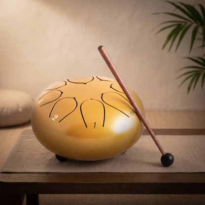 Mittlere goldene Steeldrum mit Klangstab auf einem Leinenläufer, dahinter ein warmer Meditationsraum