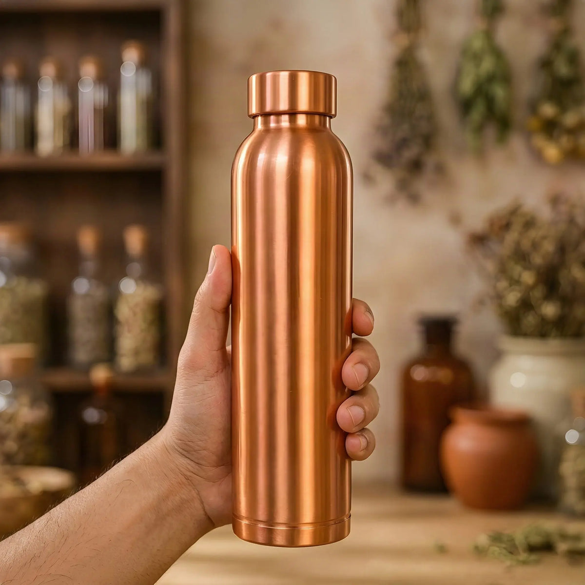 Hand hält die 28 cm hohe matt gebürstete Kupfer-Trinkflasche vor einem Apothekerschrank