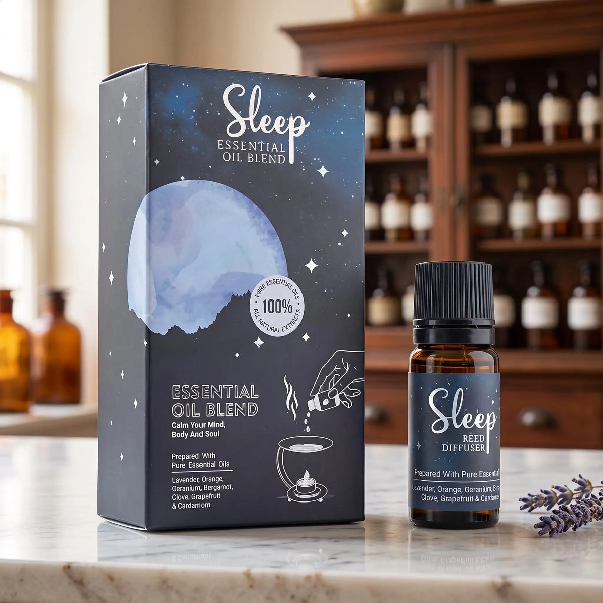 Ätherische Ölmischung Sleep von Song of India: Fläschchen und dunkelblaue Schachtel auf Marmortheke vor Apothekerschrank – Spirit of Gaia