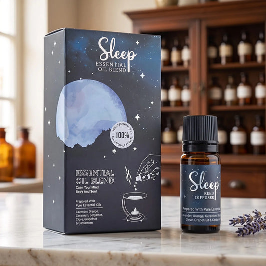 Ätherische Ölmischung Sleep von Song of India: Fläschchen und dunkelblaue Schachtel auf Marmortheke vor Apothekerschrank – Spirit of Gaia