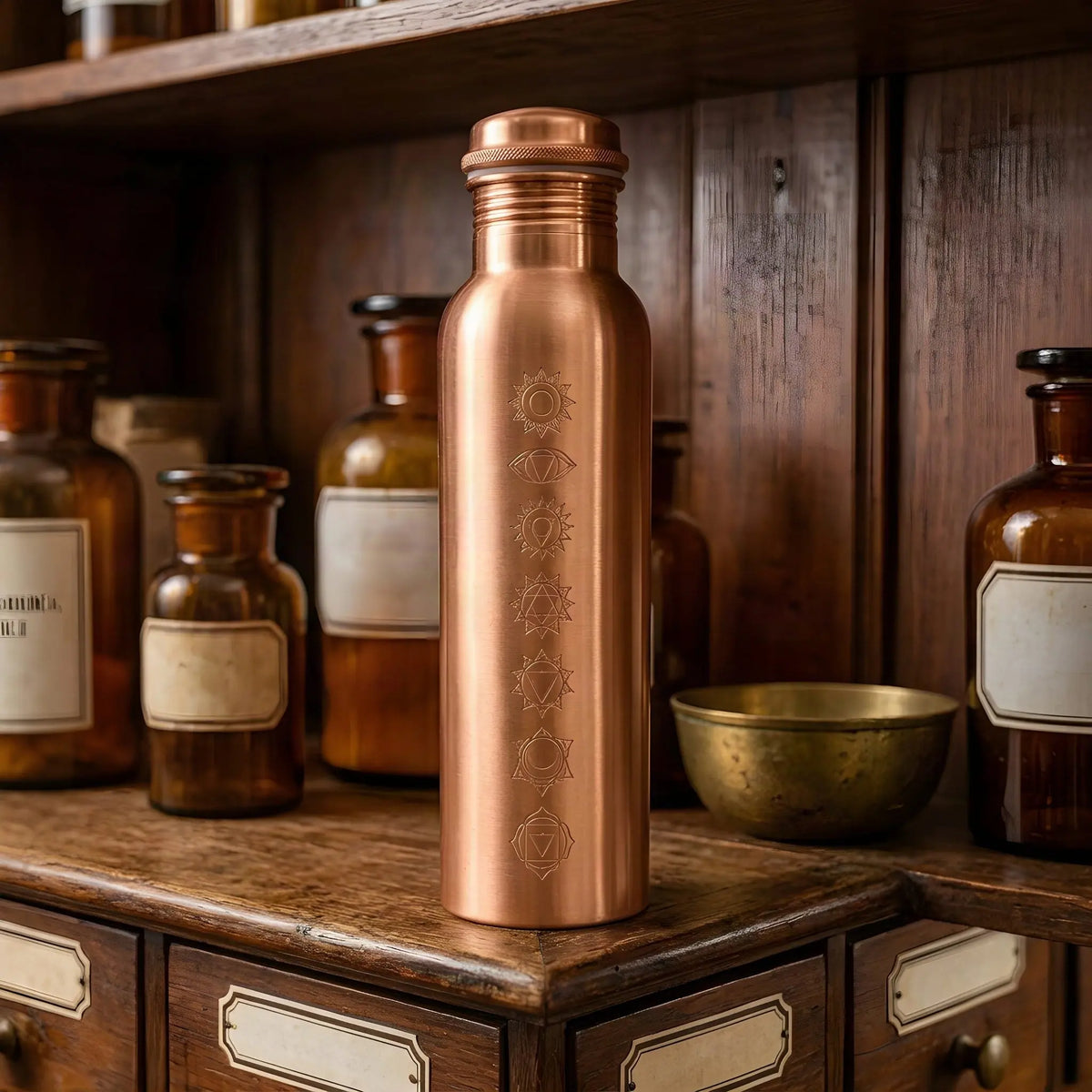 Matte Kupfer-Trinkflasche 7 Chakren aus seitlichem Blickwinkel im Apothekerregal