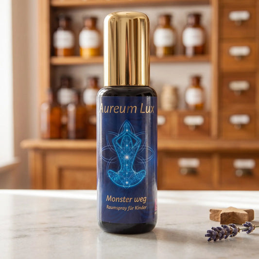 Raumspray für Kinder Aureum Lux Monster weg: Sprühflasche aus Violettglas auf Marmortheke vor Apothekerschrank, daneben ein Holzstern und ein Lavendelzweig – Spirit of Gaia