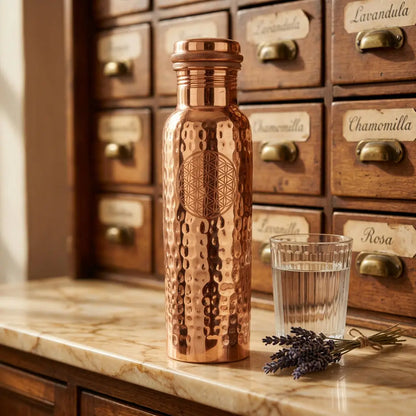Kupferflasche Blume des Lebens mit Wasserglas und Lavendel im Apothekerstil
