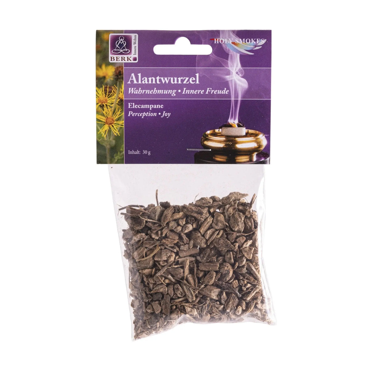 Alantwurzel, sortenreines Räucherwerk von Berk, 30 g: Tüte mit violettem Kartonkopf, freigestellt auf Weiß