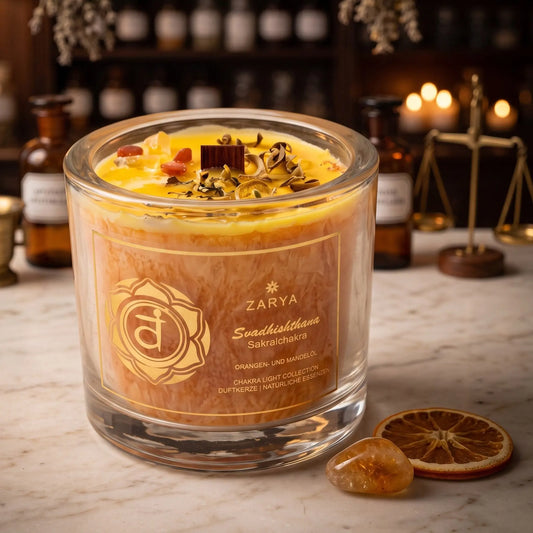 Chakra-Kerze Sakralchakra Svadhishthana mit Orangencalcit und Citrin, Duft Orange und Mandel: Kerze im Glas auf der Marmortheke einer alten Apotheke am Abend, daneben ein Citrin und eine getrocknete Orangenscheibe – Spirit of Gaia