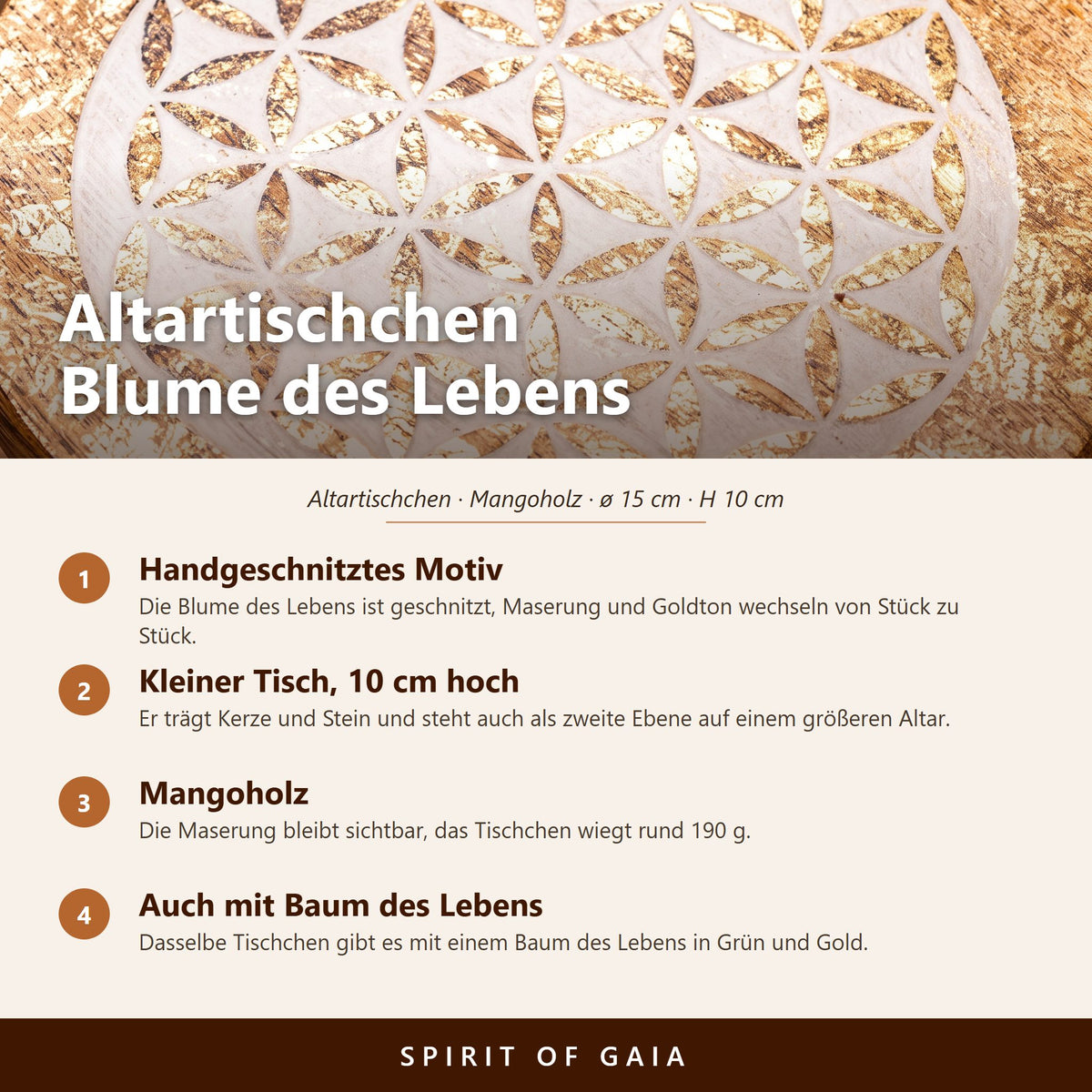 Übersicht zum Altartischchen Blume des Lebens: handgeschnitztes Motiv, Mangoholz, ø 15 cm, H 10 cm