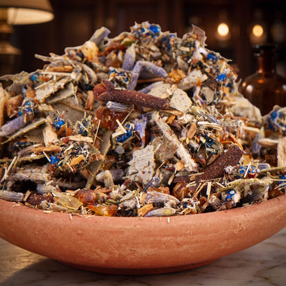 Vampirschreck, Räuchermischung der Reihe Kraftvoll Räuchern von Berk, 60 ml im Bügelglas: Nahaufnahme der Terracottaschale mit Kräutern, Lavendel und blauen Blüten vor der warmen, unscharfen Abendapotheke – Spirit of Gaia