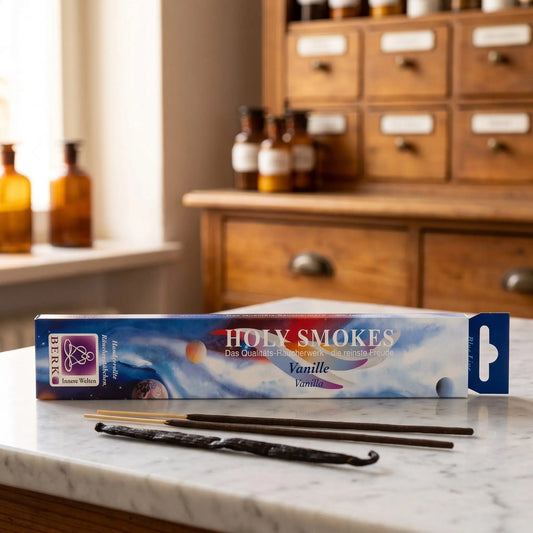 Vanille Räucherstäbchen Holy Smokes Blue Line: Packung auf einer Marmortheke vor einem Apothekerschrank, davor zwei lose Räucherstäbchen und eine Vanilleschote – Spirit of Gaia