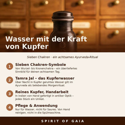 Infografik: Wasser mit der Kraft von Kupfer – sieben Chakren, Ayurveda-Ritual von Spirit of Gaia