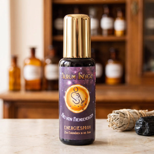 Energiespray Aurum Indigo Frei von Fremdenergien: Sprühflasche aus Violettglas auf Marmortheke vor Apothekerschrank, daneben ein Bündel weißer Salbei und ein schwarzer Turmalin – Spirit of Gaia