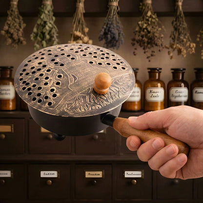Hand hält das große Räuchergefäß am Holzgriff, die Schale misst 15 Zentimeter im Durchmesser
