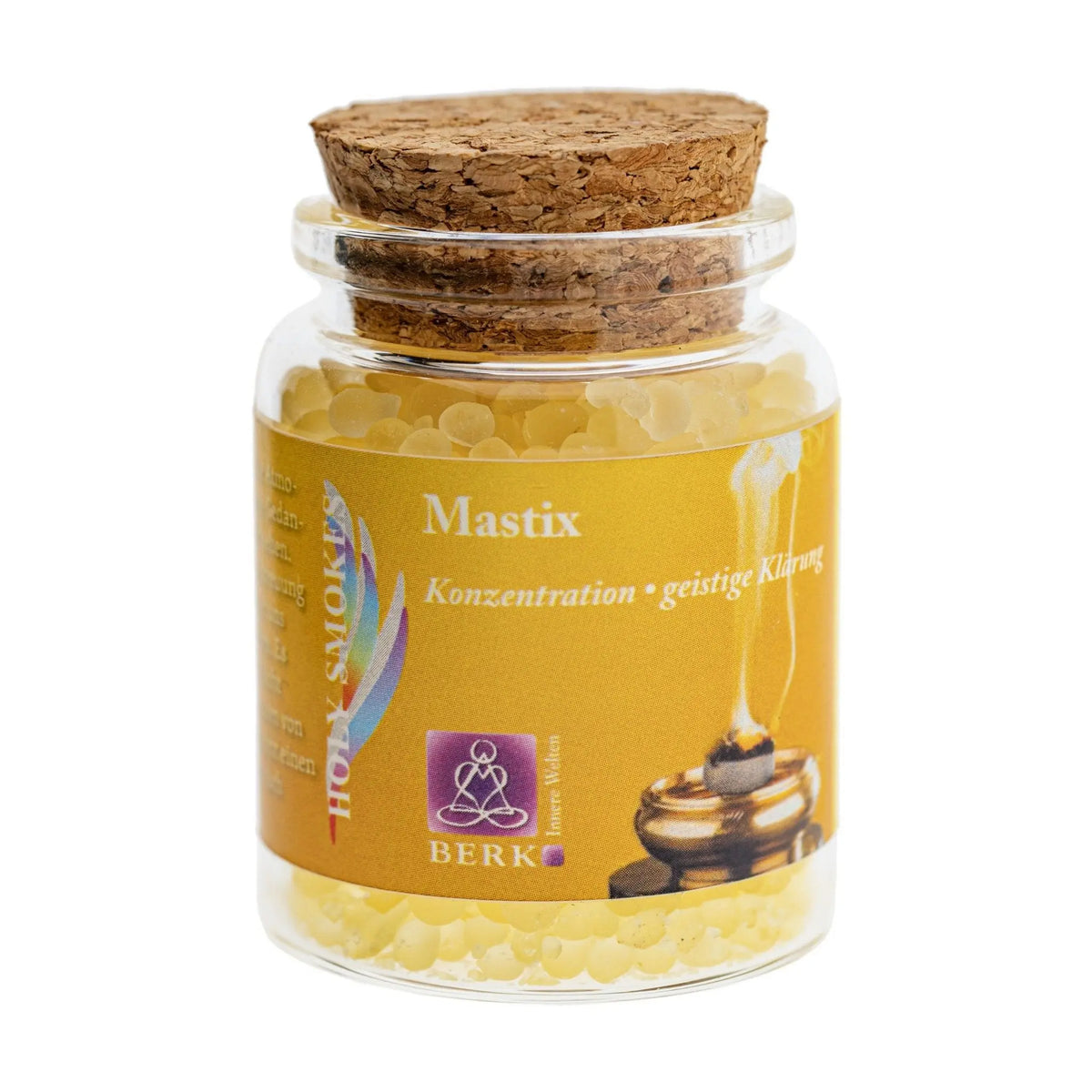 Mastix griechisch, reines Räucherharz von Berk, 60 ml im Korkglas: Korkglas mit gelbem Etikett, freigestellt auf Weiß