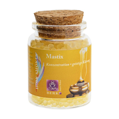 Mastix griechisch, reines Räucherharz von Berk, 60 ml im Korkglas: Korkglas mit gelbem Etikett, freigestellt auf Weiß