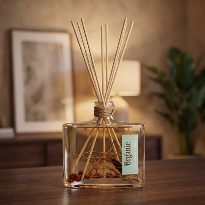 Reed Diffuser Weihrauch und Myrrhe am Abend auf einem Sideboard, die Schilfrohrstäbchen aufgefächert