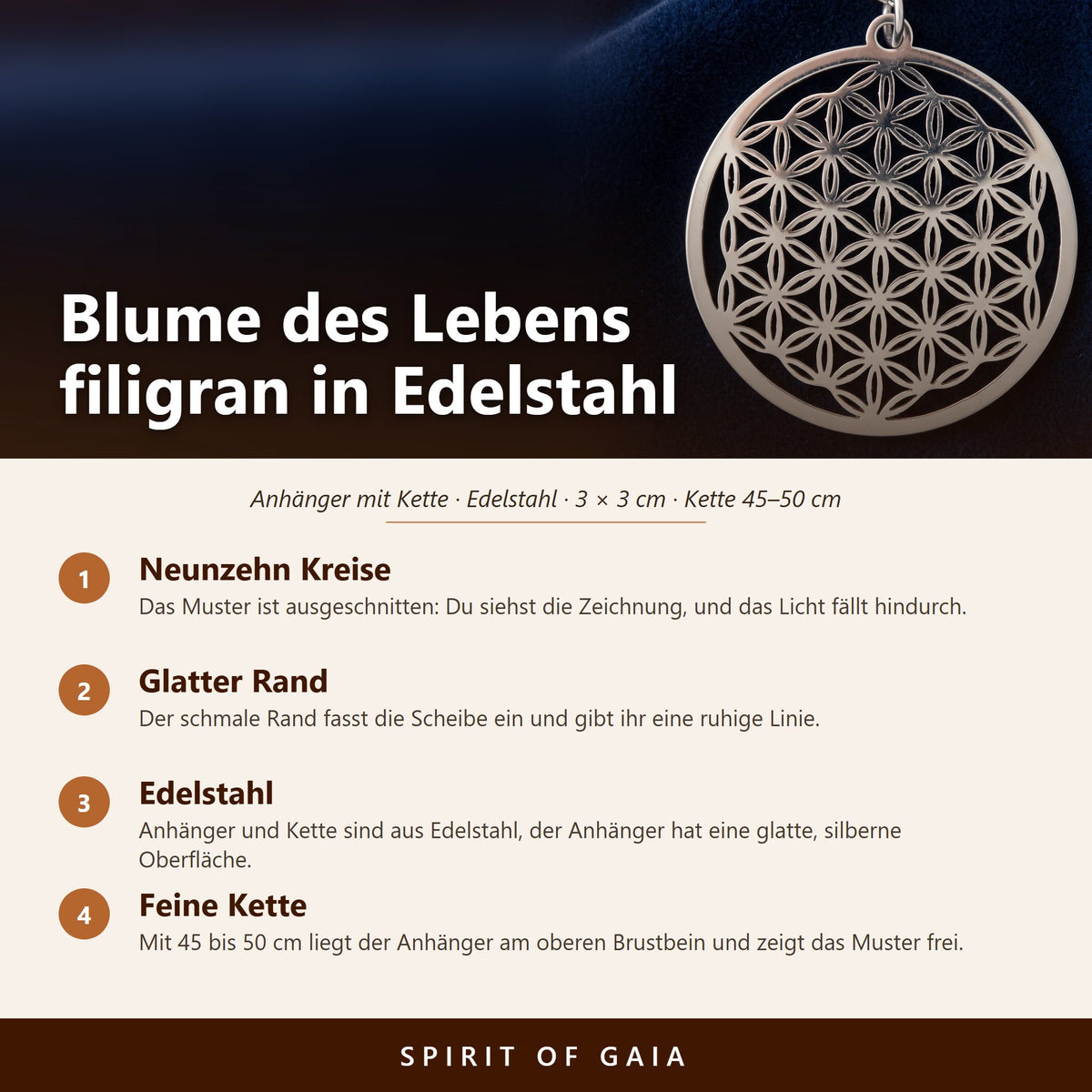 Übersicht zum Blume des Lebens Anhänger: Edelstahl, 3 cm, neunzehn Kreise, Kette 45 bis 50 cm