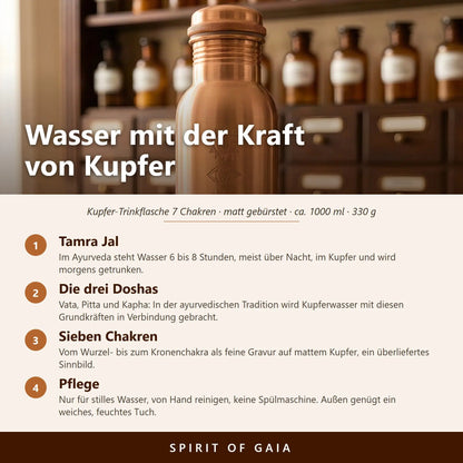 Infografik: Wasser mit der Kraft von Kupfer – Tamra-Jal-Ritual, sieben Chakren und Pflege der Kupferflasche