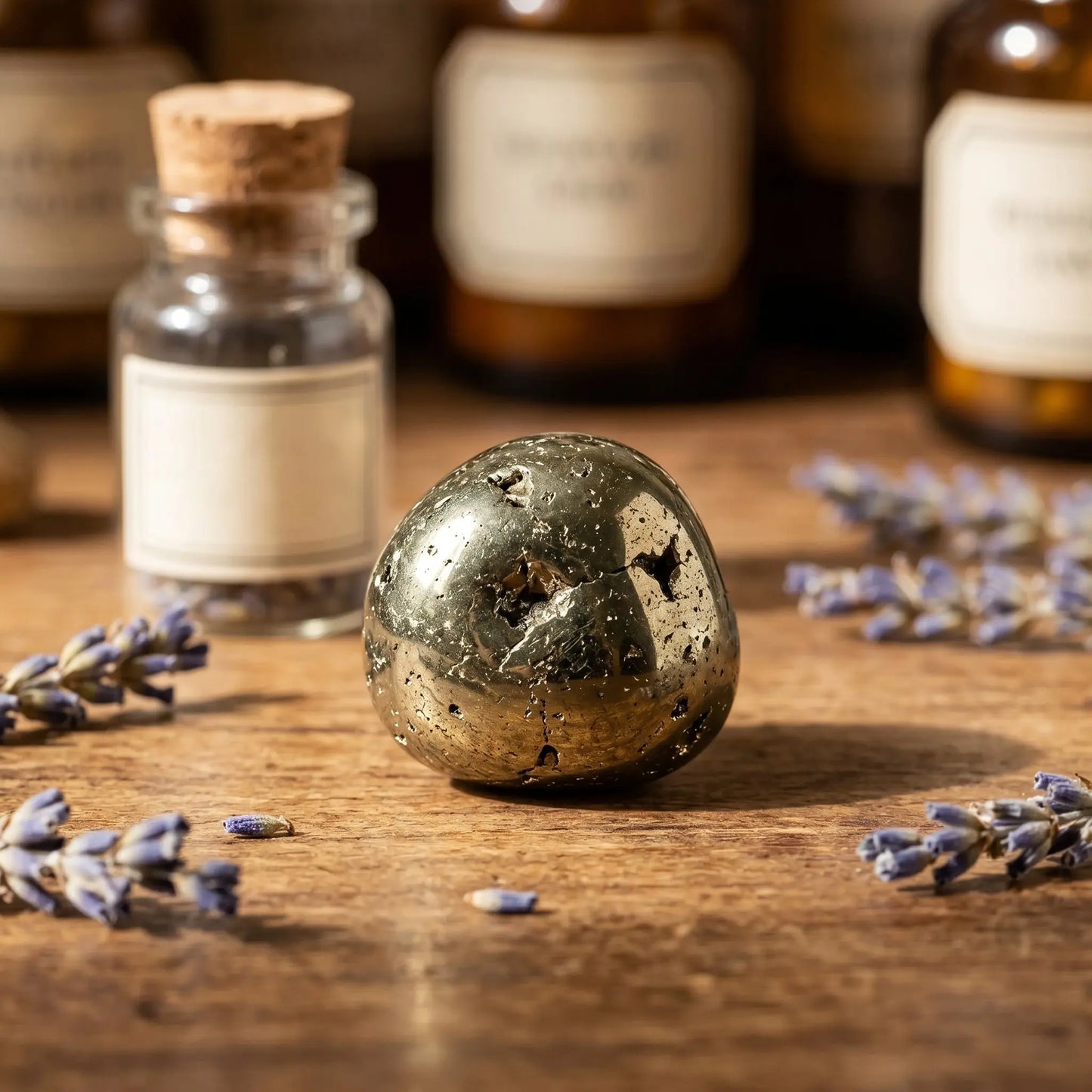 Pyrit Trommelstein – auf warmem Holz mit getrocknetem Lavendel