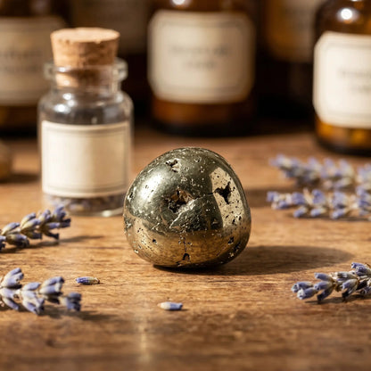Pyrit Trommelstein – auf warmem Holz mit getrocknetem Lavendel