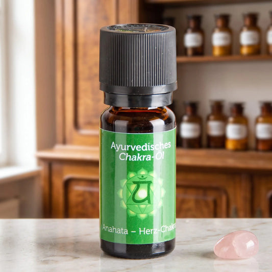 Ayurvedisches Chakra-Öl Anahata (Herz-Chakra): 10-ml-Fläschchen aus Braunglas auf Marmortheke vor Apothekerschrank, daneben Rosenquarz – Spirit of Gaia