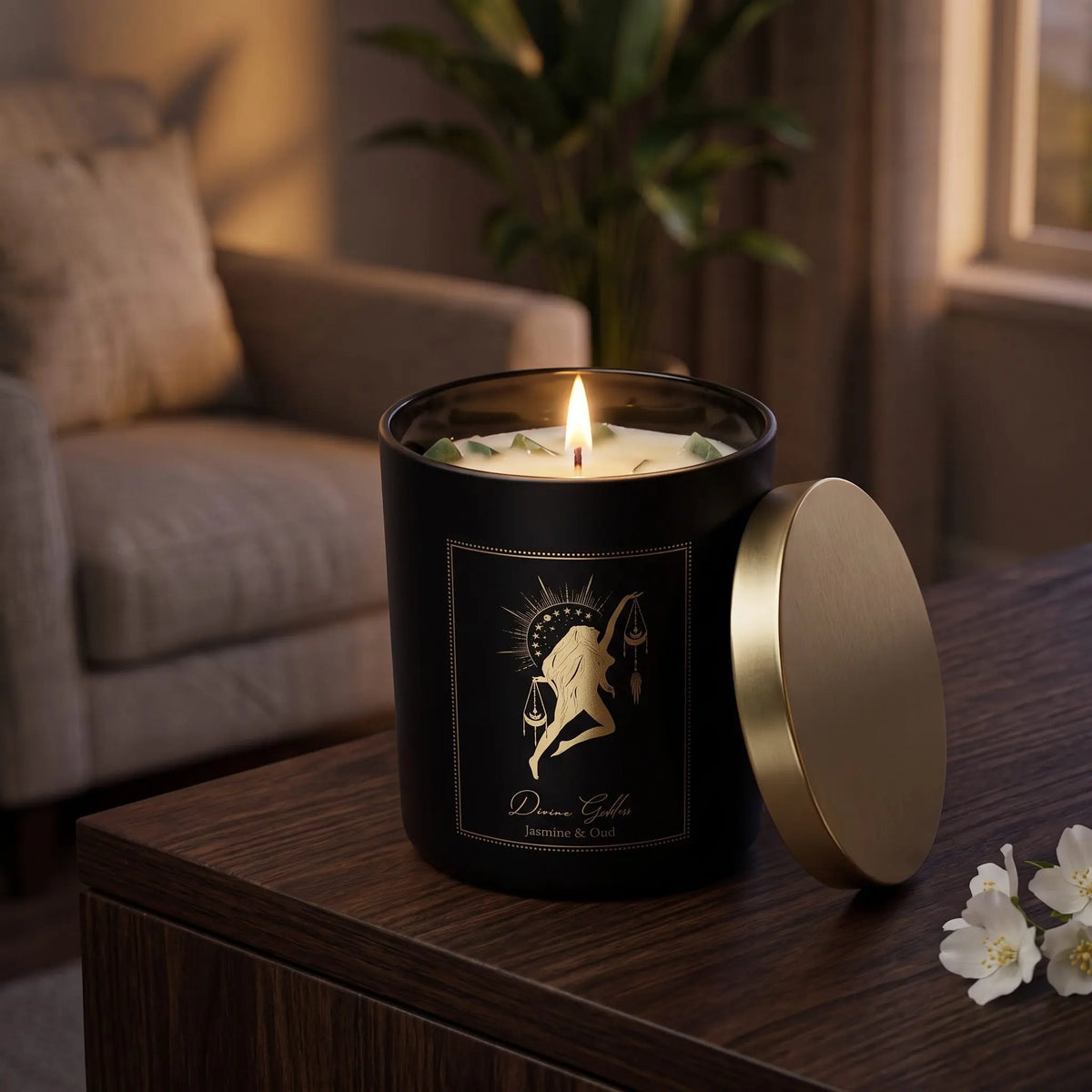 Manifestationskerze Divine Goddess mit Xinji-Jade (Jasmin & Oud): brennende Kerze im schwarzen Glas auf einem dunklen Holztisch im Wohnzimmer am Abend, daneben weiße Jasminblüten