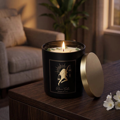 Manifestationskerze Divine Goddess mit Xinji-Jade (Jasmin & Oud): brennende Kerze im schwarzen Glas auf einem dunklen Holztisch im Wohnzimmer am Abend, daneben weiße Jasminblüten