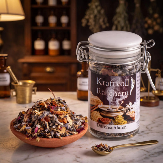 Durchschlafen, Räuchermischung der Reihe Kraftvoll Räuchern von Berk, 60 ml im Bügelglas: Glas auf der Marmortheke einer alten Apotheke am Abend, davor eine Terracottaschale mit der losen Mischung und ein Messinglöffel – Spirit of Gaia