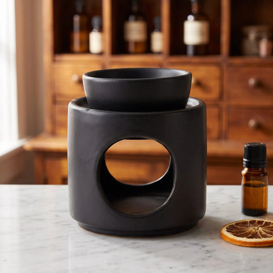 Aromalampe Black Elegance: mattschwarze Keramik mit runder Öffnung und aufgesetzter Schale auf Marmortheke vor Apothekerschrank, daneben ein Ölfläschchen und eine getrocknete Orangenscheibe – Spirit of Gaia