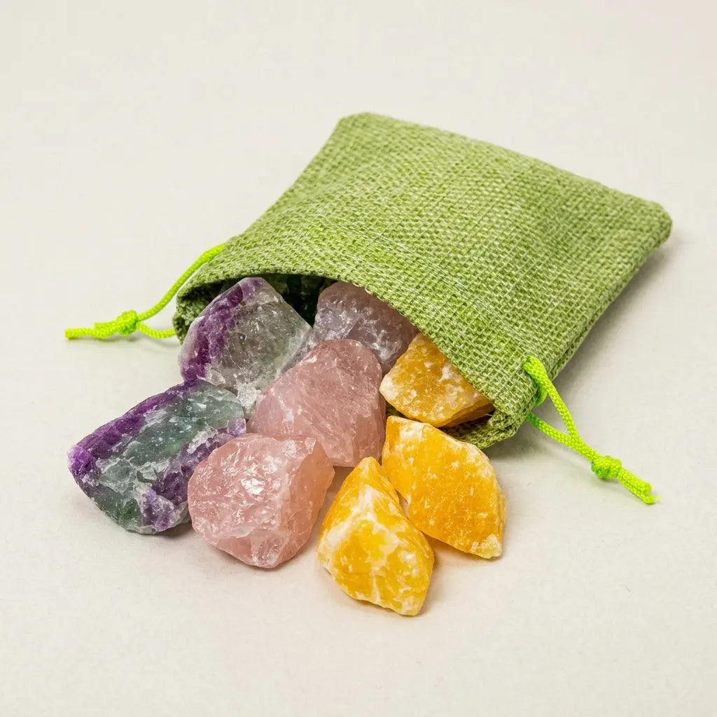 Wassersteine Guter Schlaf im hellgrünen Jutesäckchen mit Regenbogenfluorit, Rosenquarz und Orangencalcit vor hellem Hintergrund – Spirit of Gaia