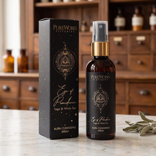 Aura-Spray Eye of Providence (Salbei & weißer Tee) von Pure Works: Sprühflasche mit Goldkragen und schwarze Schachtel auf Marmortheke vor Apothekerschrank – Spirit of Gaia