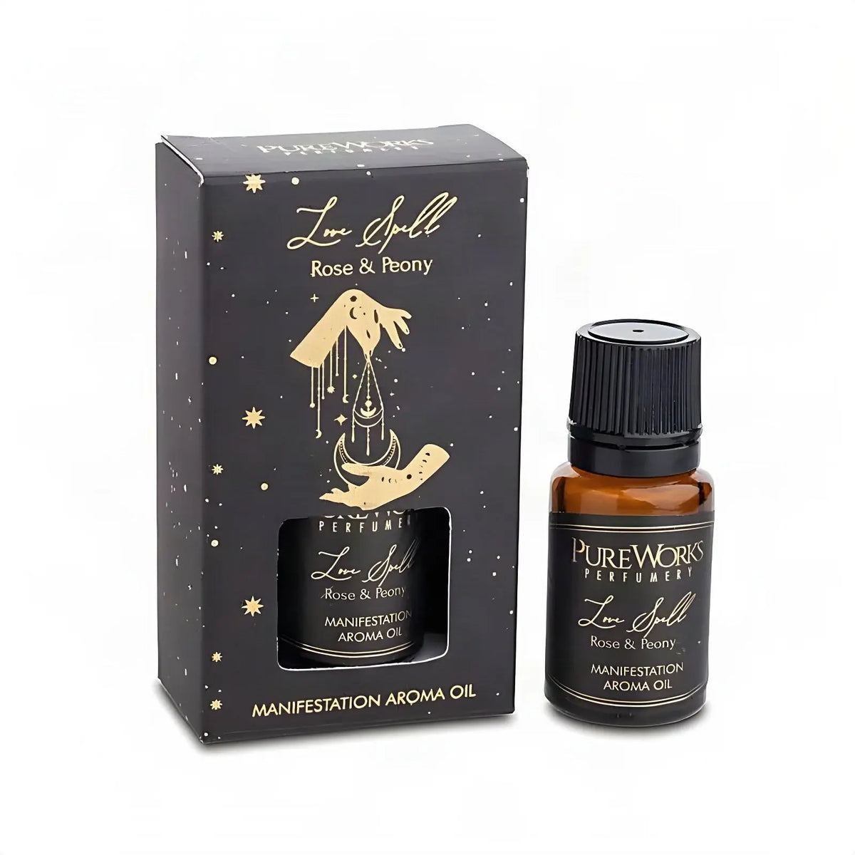 Aromaöl Love Spell (Rose & Pfingstrose), Fläschchen und Schachtel, freigestellt auf Weiß
