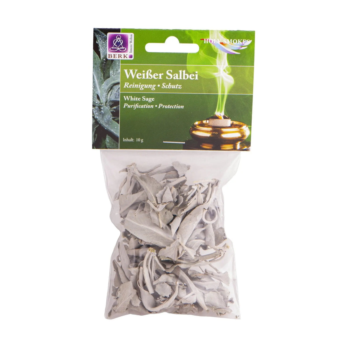 Weißer Salbei, lose in der Tüte, von Berk, 10 g: Tüte mit grünem Kartonkopf, freigestellt auf Weiß