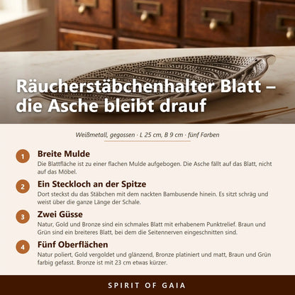 Räucherstäbchenhalter Blatt – Infografik mit den wichtigsten Angaben