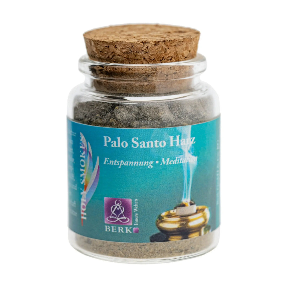 Palo Santo Harz von Berk, 60 ml im Korkglas: Korkglas mit türkisfarbenem Etikett, freigestellt auf Weiß