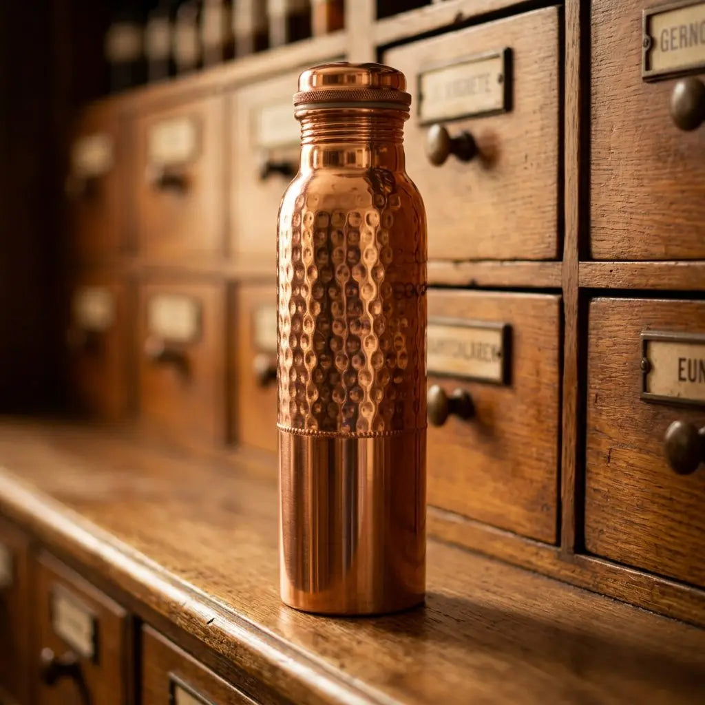 Kupfer-Trinkflasche mit Punkt-Hammerschlag aus seitlichem Blickwinkel im Apothekerregal