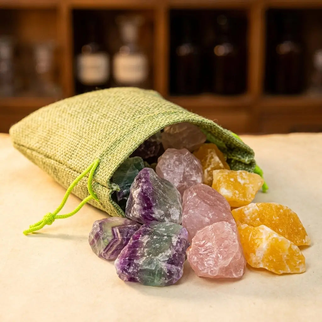 Hellgrünes Jutesäckchen der Wassersteine Guter Schlaf mit Jutestruktur und Rohsteinen Regenbogenfluorit, Rosenquarz und Orangencalcit – Spirit of Gaia