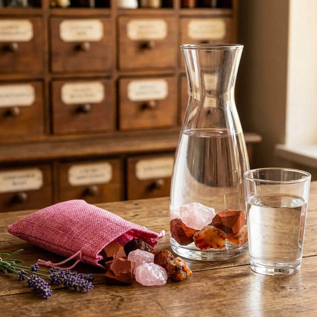 Wassersteine Liebe & Zuneigung im Jutesäckchen mit Glaskaraffe (Steine im Wasser) und Wasserglas – Rosenquarz, Roter Jaspis und Karneol – Spirit of Gaia