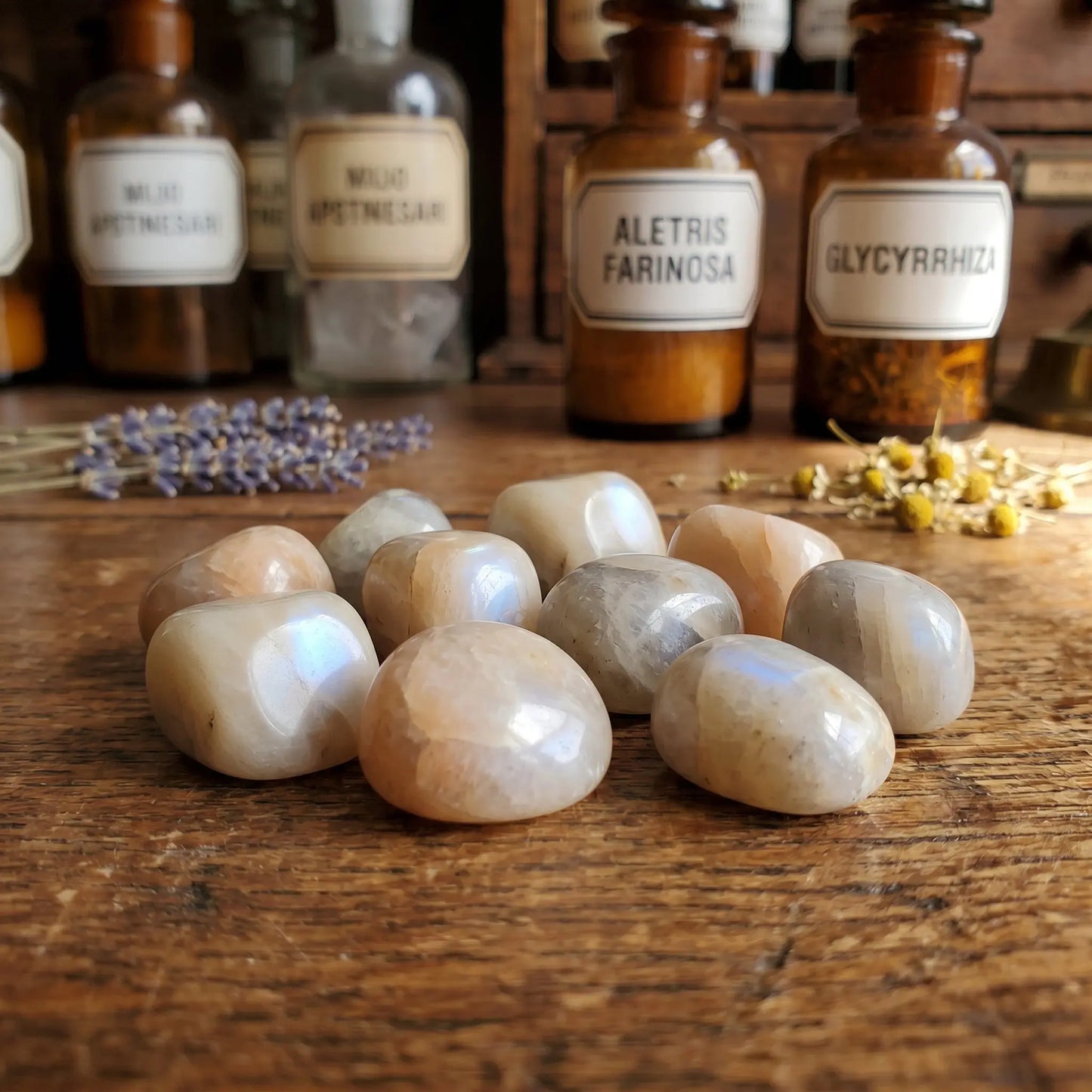 Mondstein Trommelsteine bunt – Gruppe verschiedener Farbvarianten mit zartem blauem Schimmer