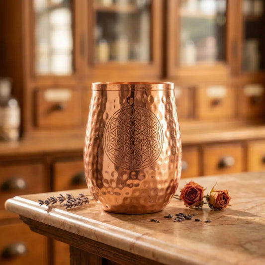 Kupfertrinkbecher Blume des Lebens im Apothekerlook auf Marmor