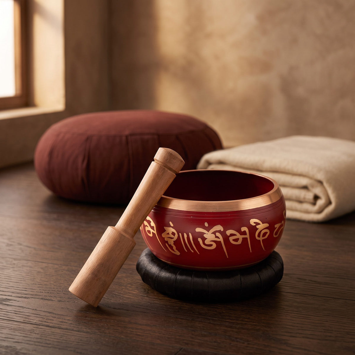 Rote Klangschale Lotus mit Mantra auf schwarzer Unterlage und Klangstab auf dem Holzboden eines Meditationsraums